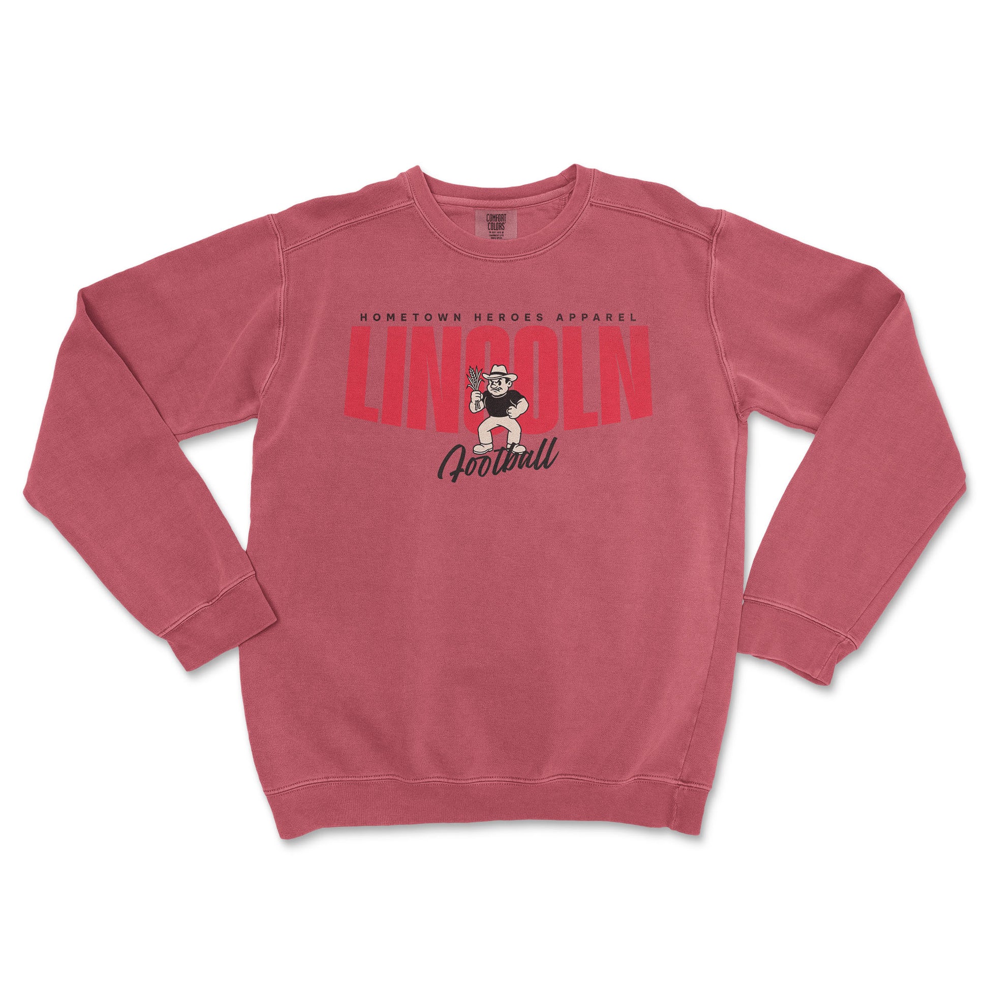 Red sweatshirt with 'LINCOLN Football' text and graphic on a white background