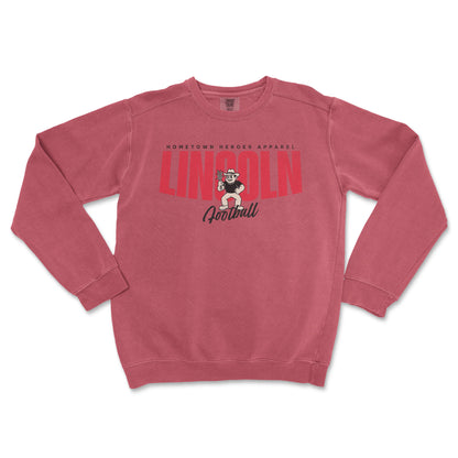 Red sweatshirt with 'LINCOLN Football' text and graphic on a white background