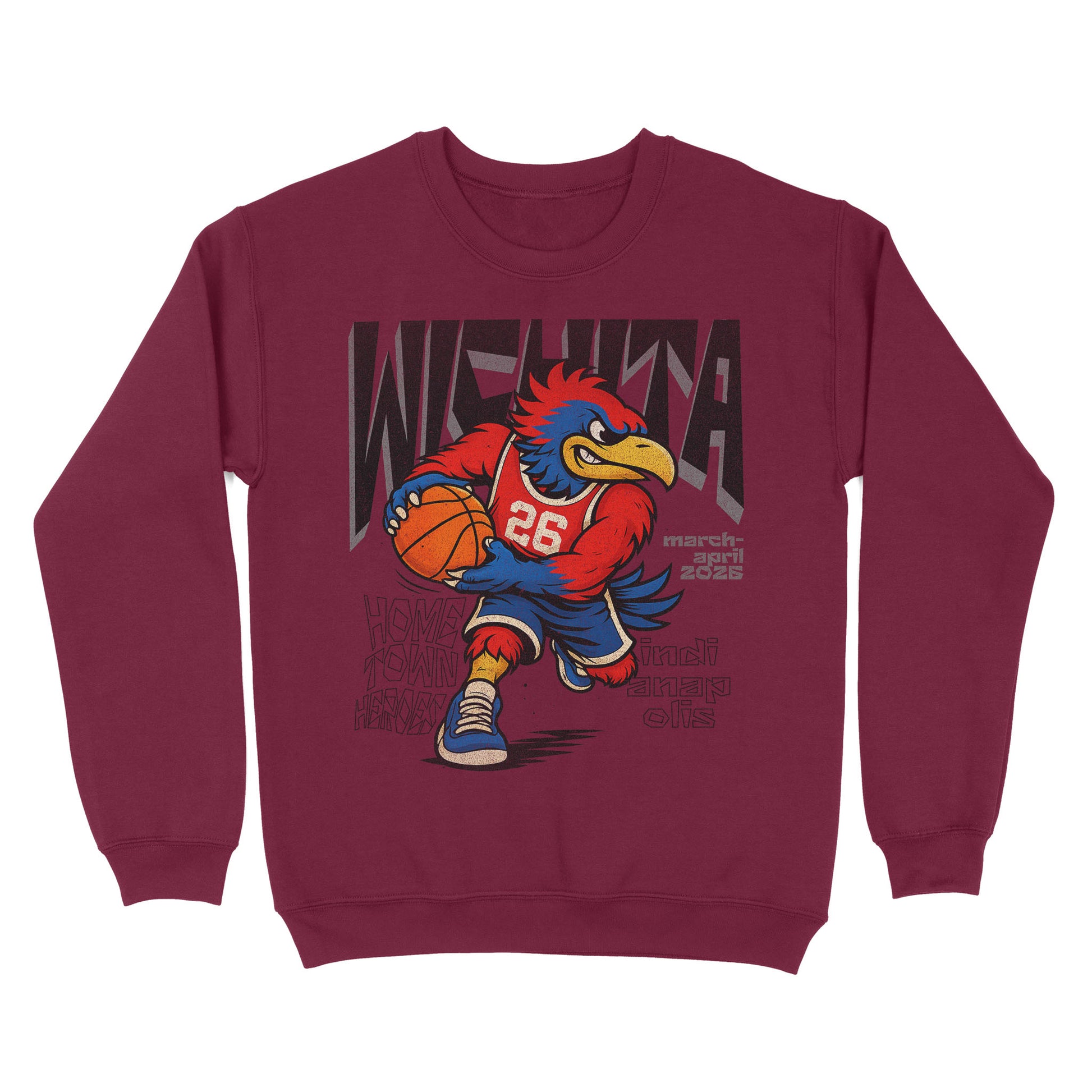 Maroon sweatshirt with a cartoon mascot holding a basketball on a white background