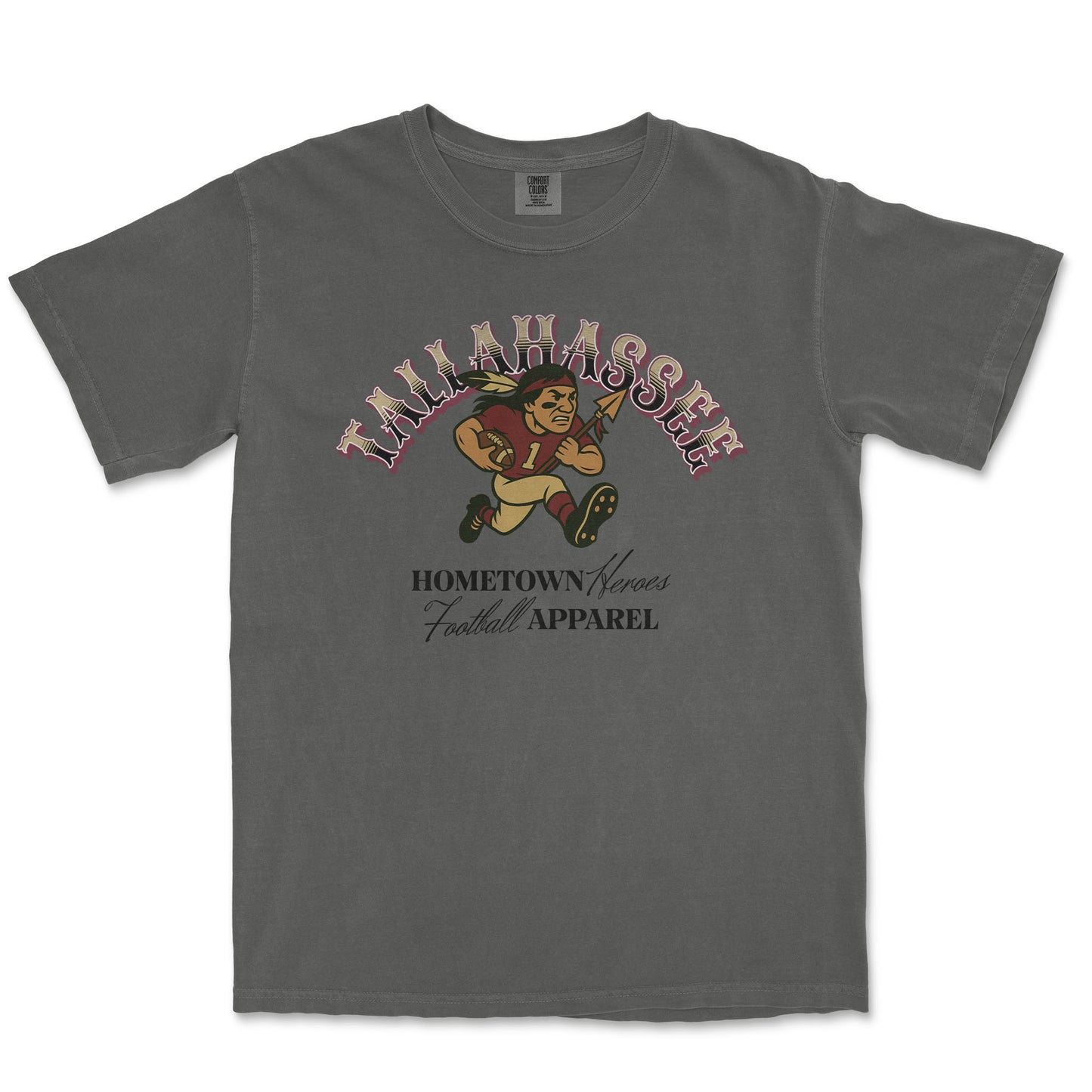 Gray t-shirt with football-themed graphic and text on a white background