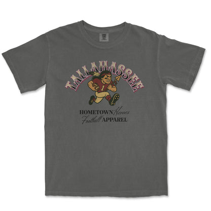 Gray t-shirt with football-themed graphic and text on a white background
