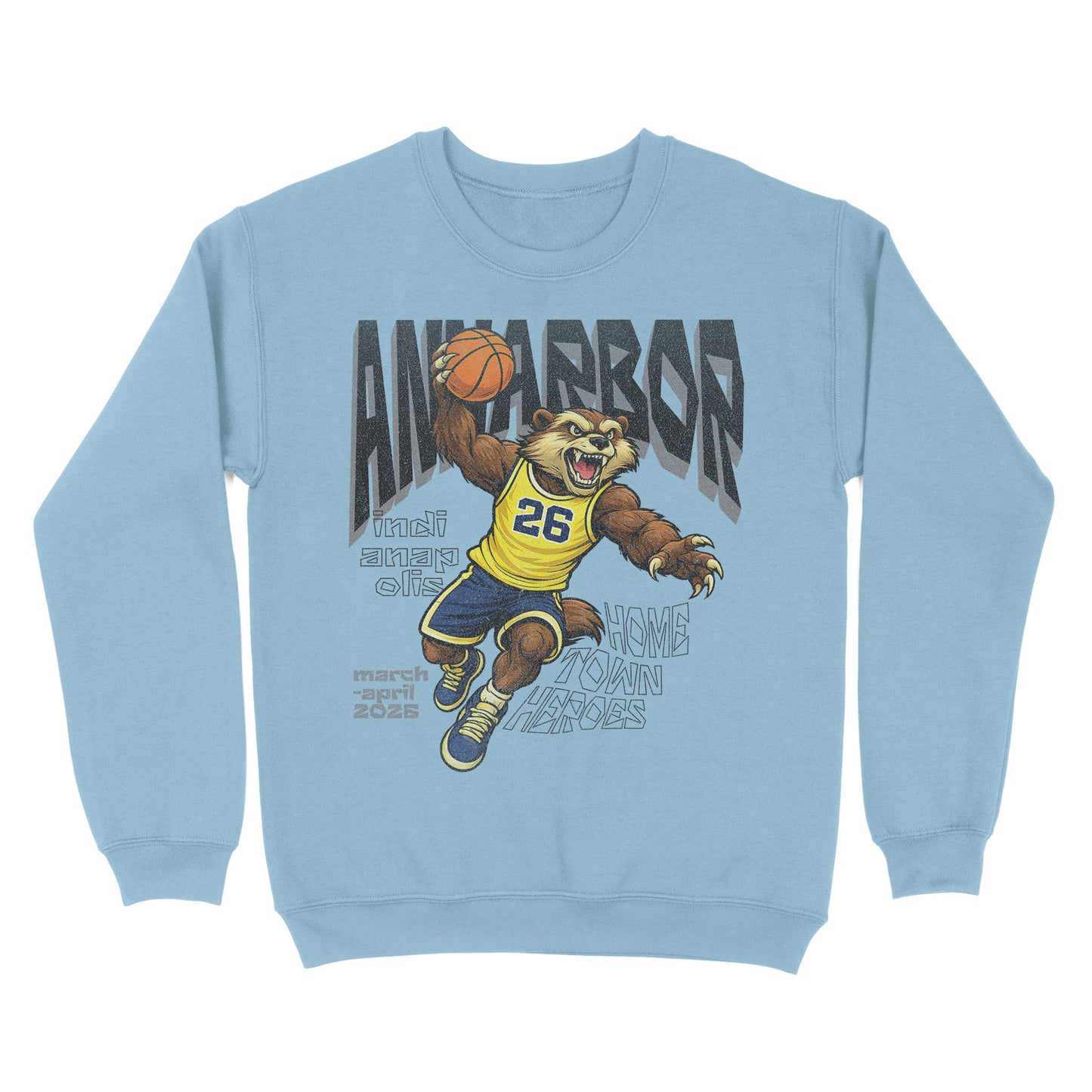 Light blue sweatshirt with a bear holding a basketball and text on a white background