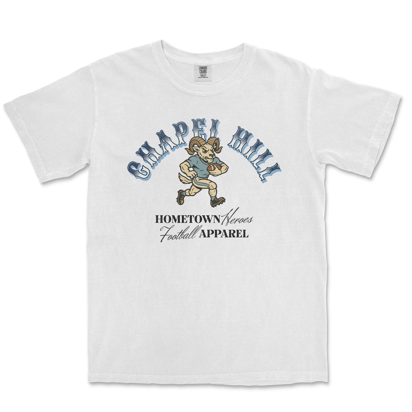White t-shirt with 'Chapel Hill' and football player graphic on a white background