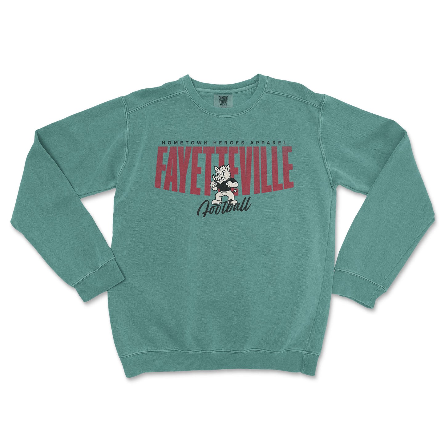 Teal sweatshirt with 'Fayetteville Football' text and logo on a white background