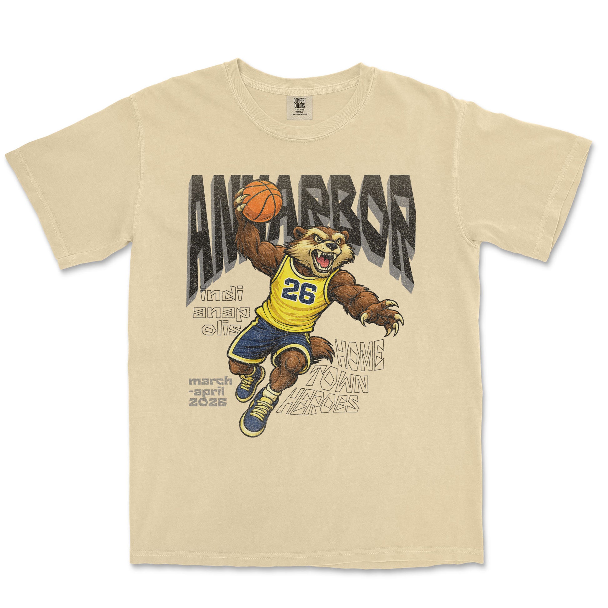 Beige t-shirt with a bear holding a basketball and text on a white background