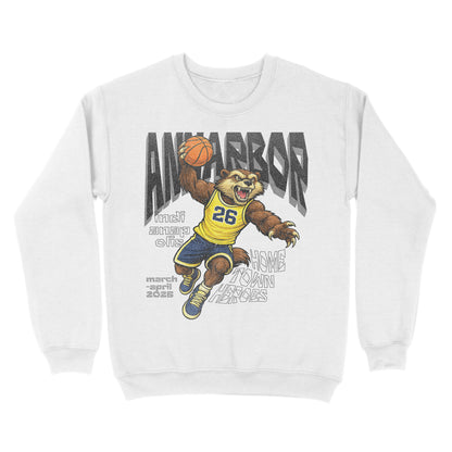 White sweatshirt with a bear holding a basketball and 'Ann Arbor' text on a white background