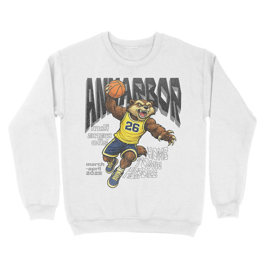 White sweatshirt with a bear holding a basketball and 'Ann Arbor' text on a white background