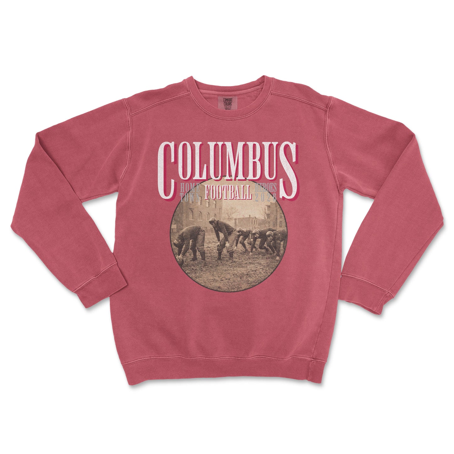 Red sweatshirt with 'Columbus Football' graphic on a white background
