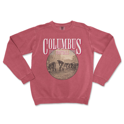 Red sweatshirt with 'Columbus Football' graphic on a white background