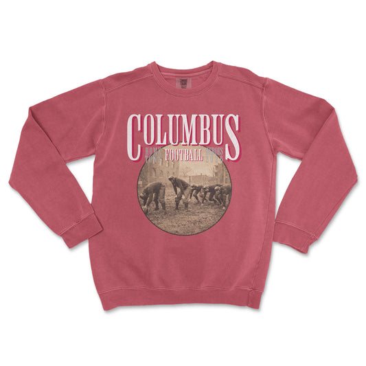 Red sweatshirt with 'Columbus Football' graphic on a white background