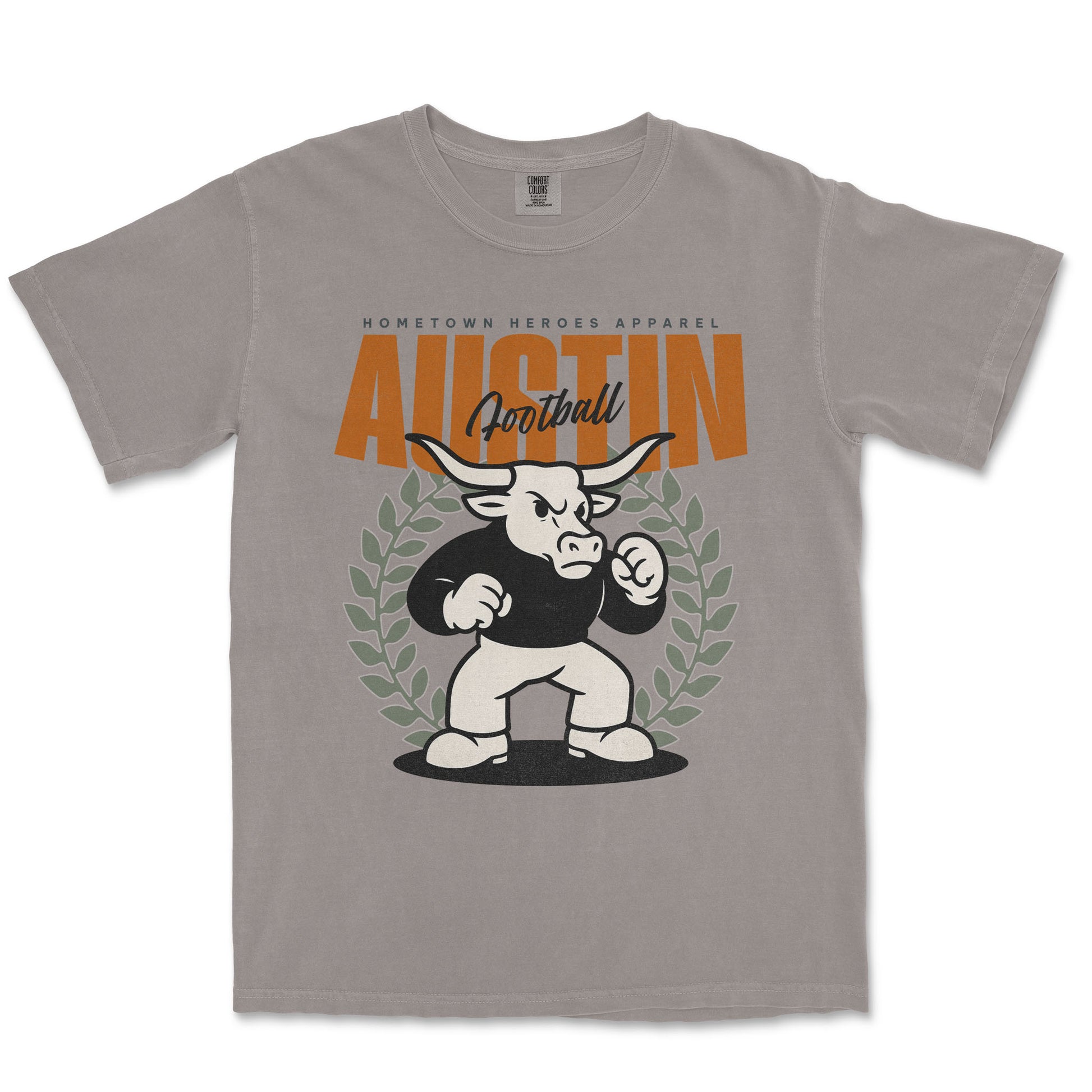 Gray t-shirt with a graphic of a bull and 'Austin Football' text on a white background