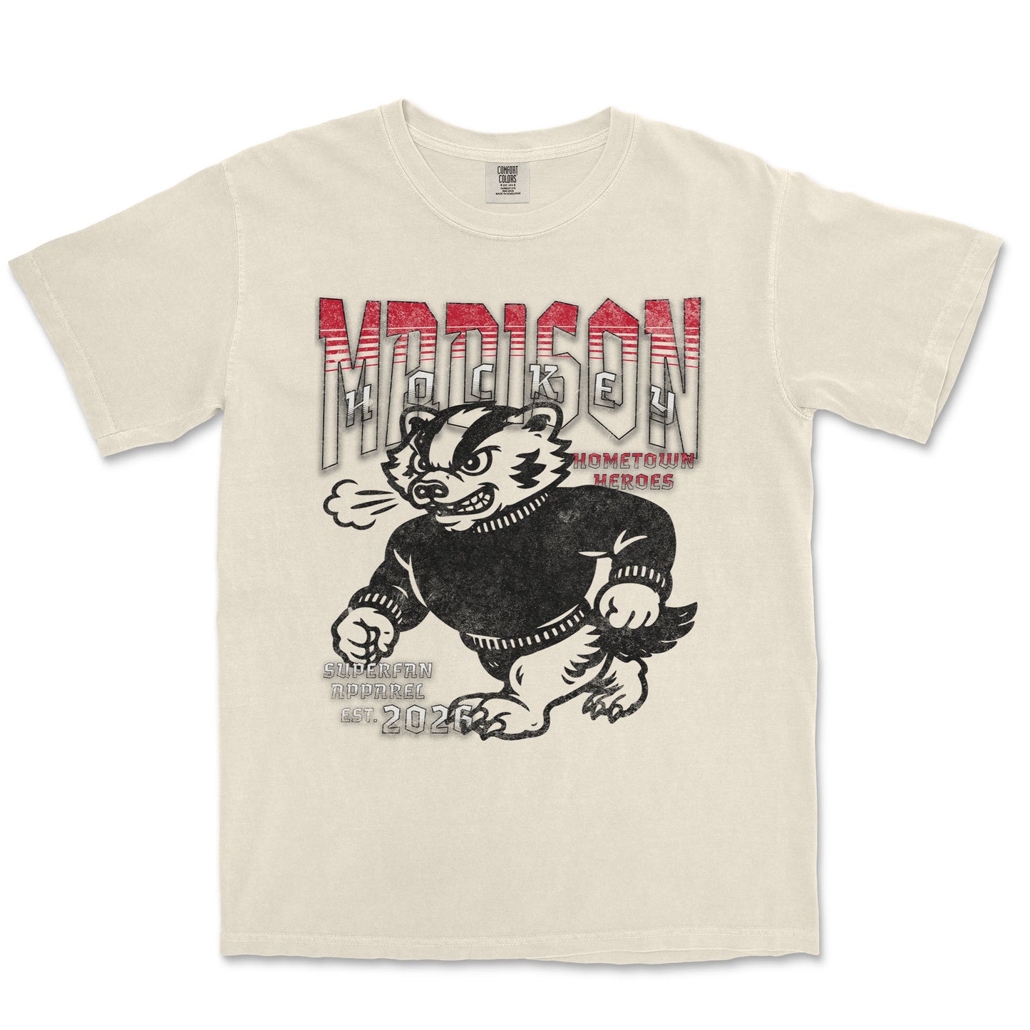 Beige t-shirt with graphic design of a cat and text on a white background
