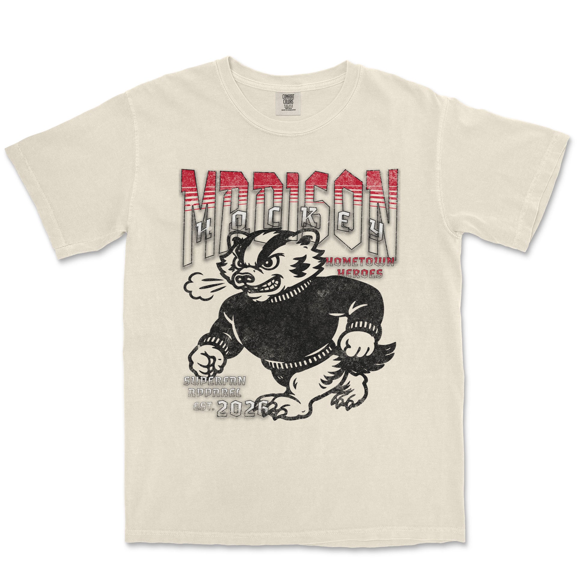 Beige t-shirt with graphic design of a cat and text on a white background