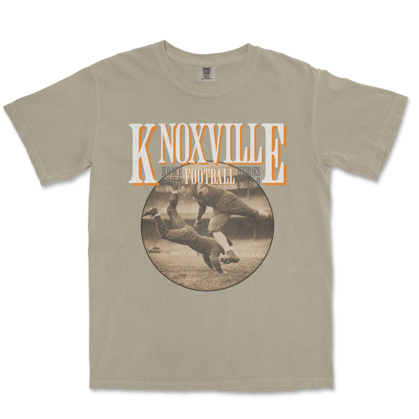 Beige t-shirt with 'Knoxville Football' graphic on a white background