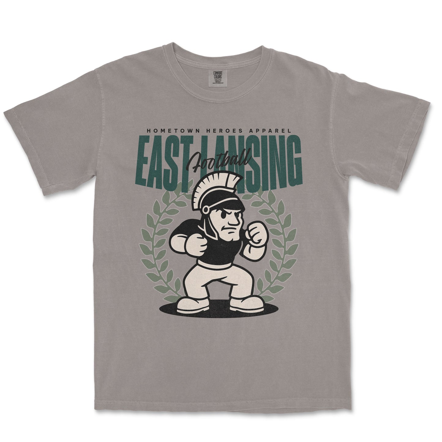 Gray t-shirt with 'East Lansing Football' graphic design on a white background