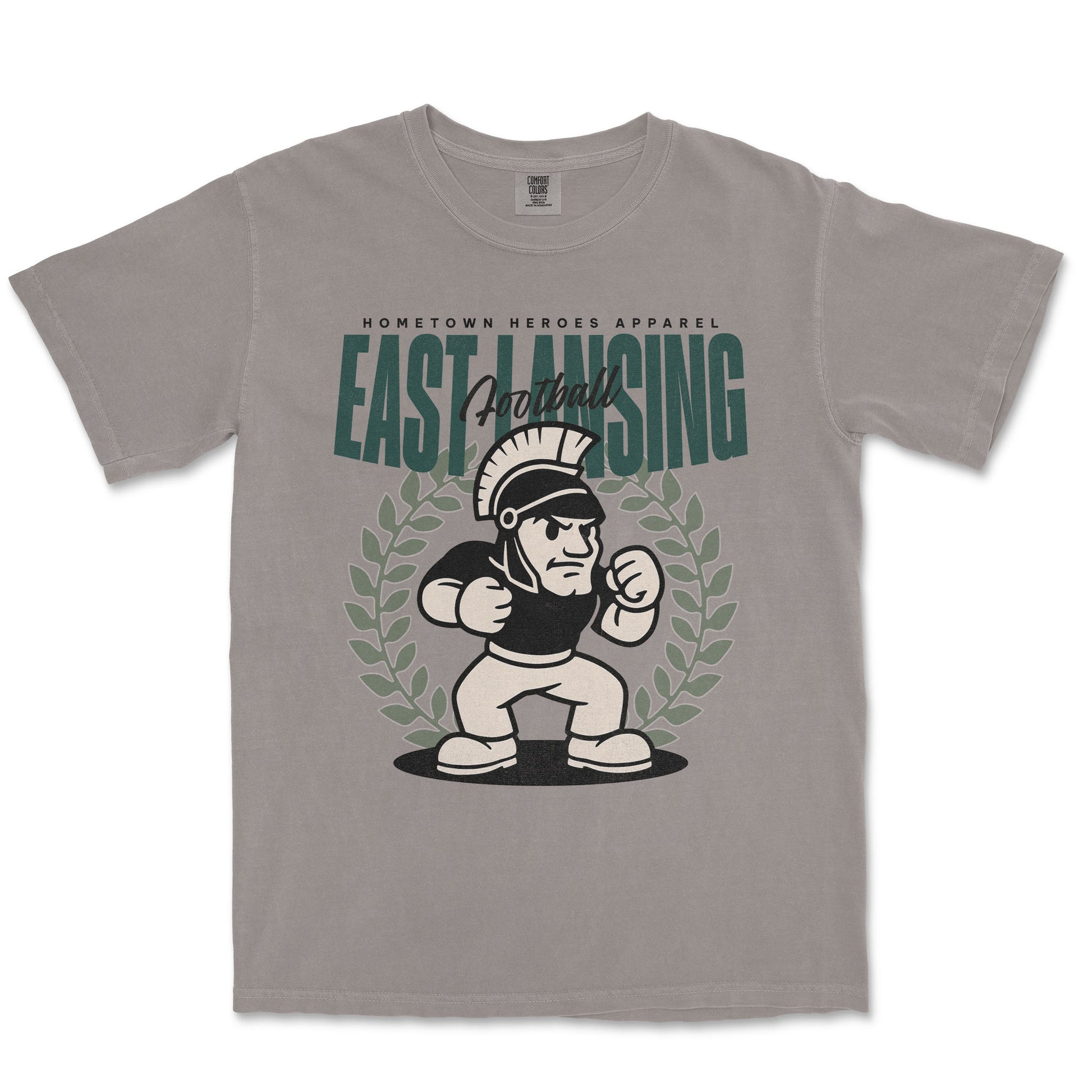 Gray t-shirt with 'East Lansing Football' graphic design on a white background