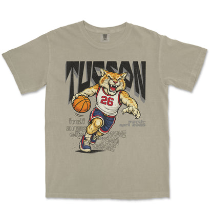 T-shirt with a tiger holding a basketball and text on a beige background