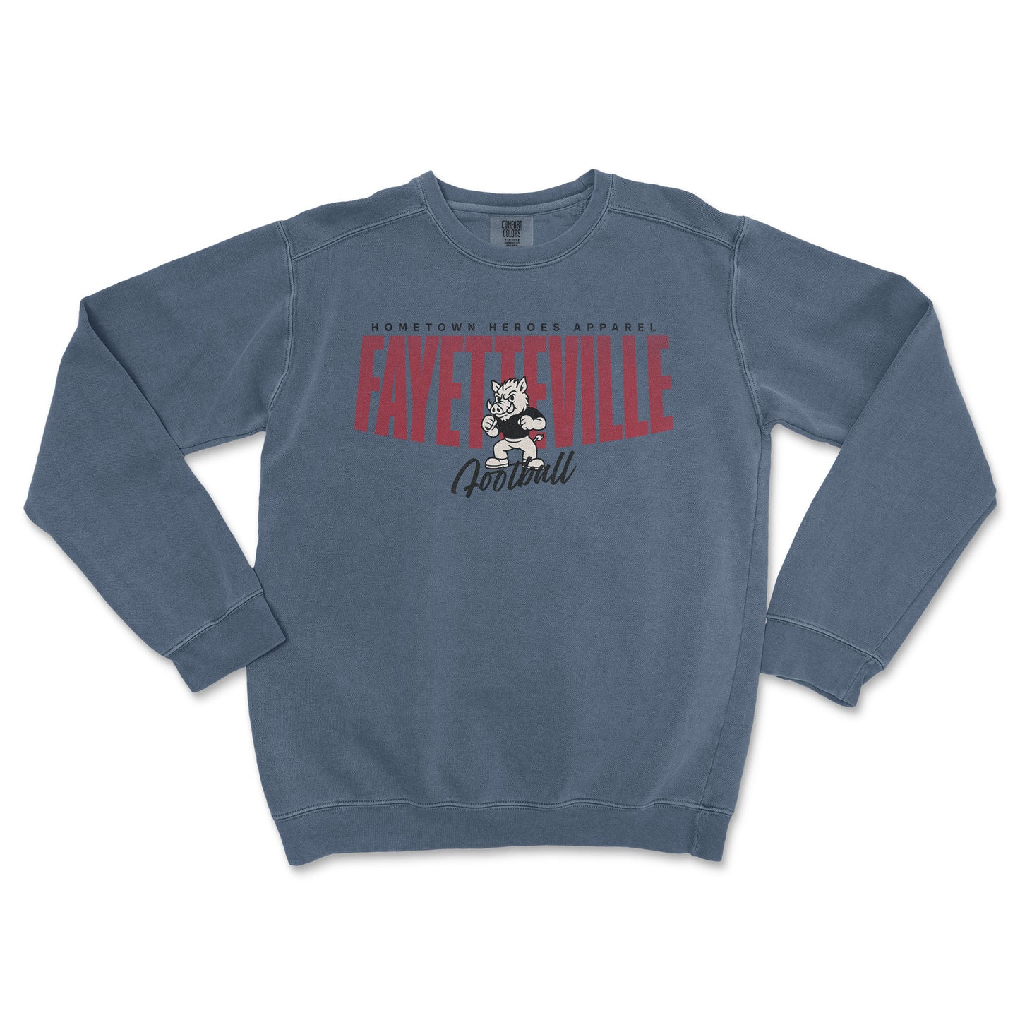 Blue sweatshirt with 'Fayetteville Football' text and graphic on a white background