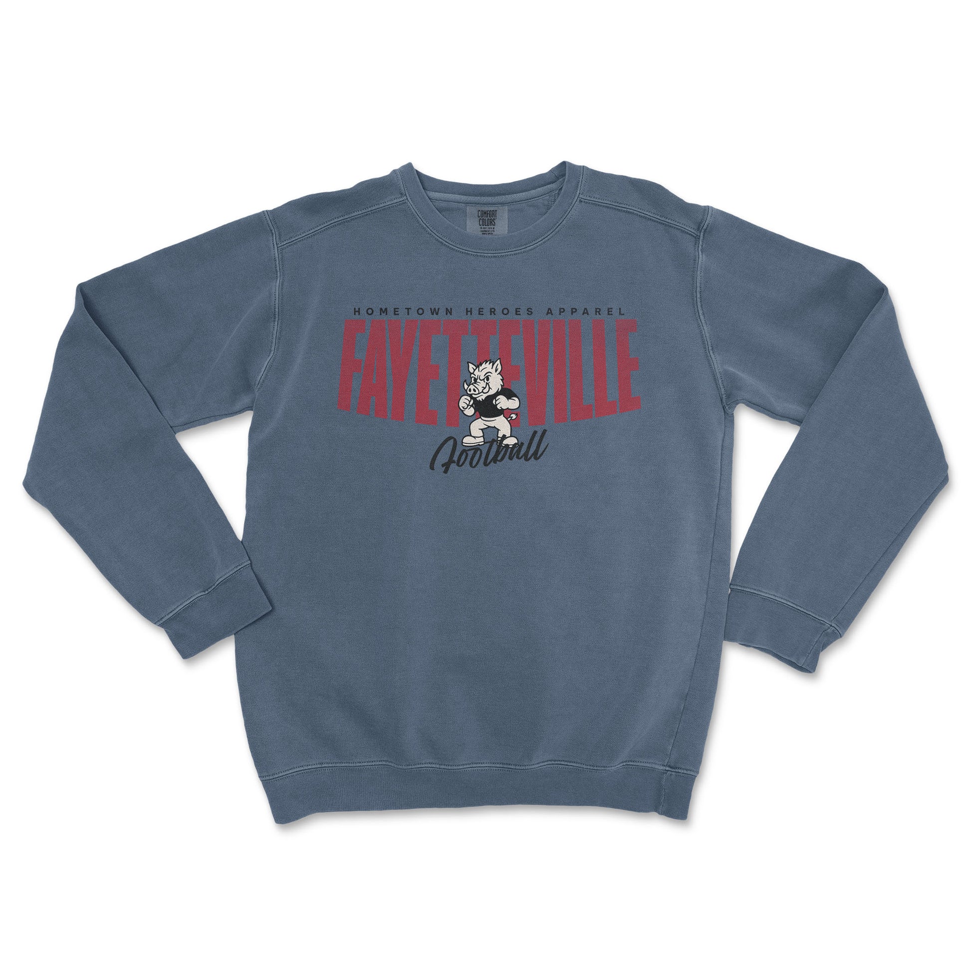 Blue sweatshirt with 'Fayetteville Football' text and graphic on a white background