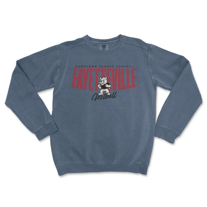 Blue sweatshirt with 'Fayetteville Football' text and graphic on a white background