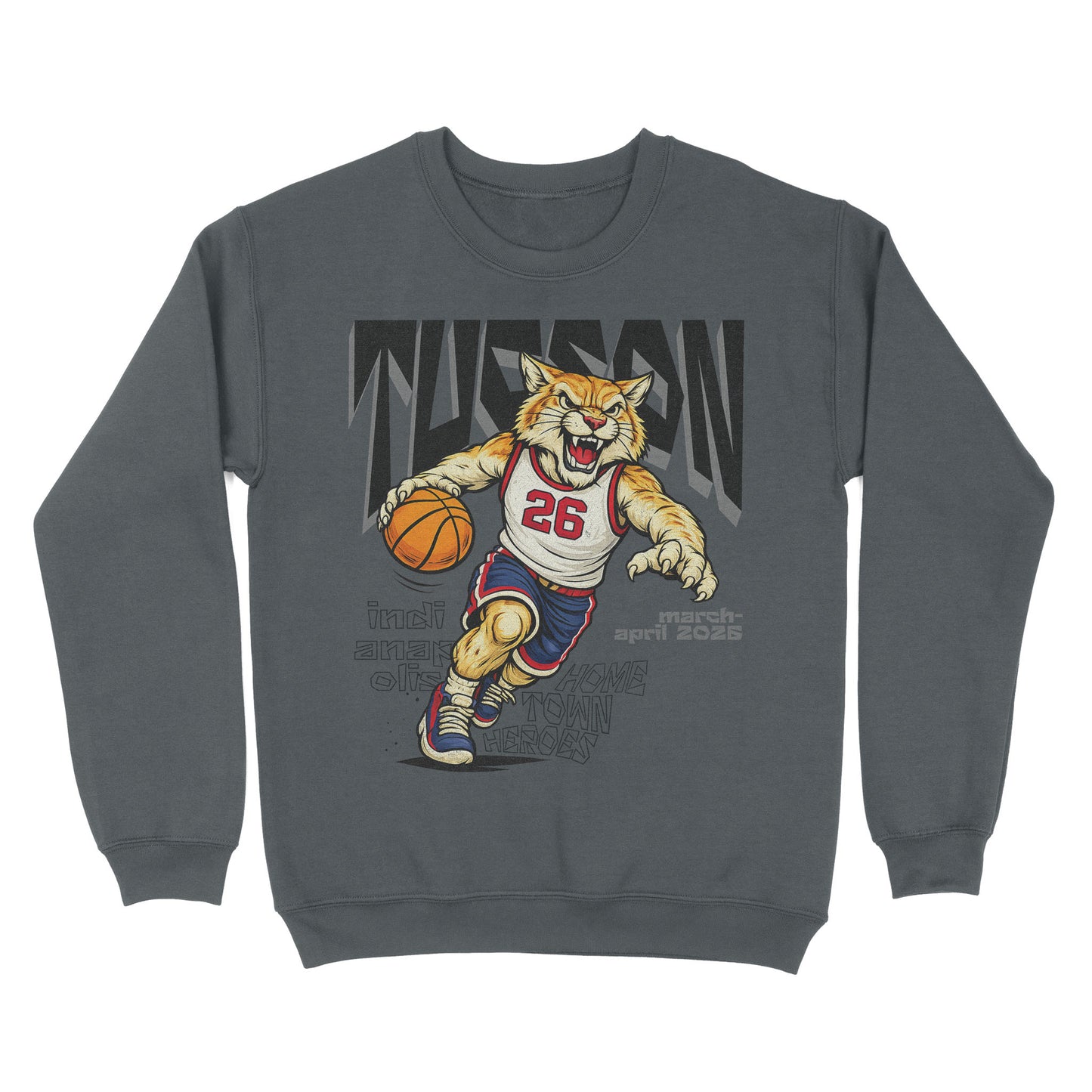 Gray sweatshirt with a tiger basketball player graphic on a white background