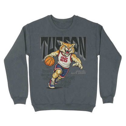 Gray sweatshirt with a tiger basketball player graphic on a white background