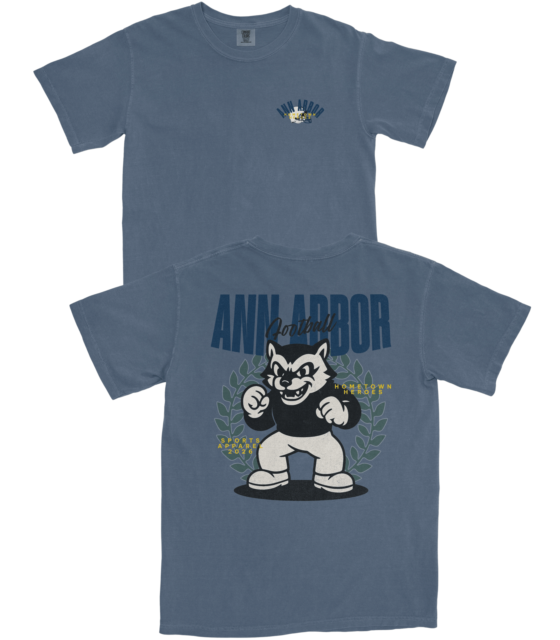 Blue t-shirt with a graphic of a bear and 'Ann Arbor' text on a white background