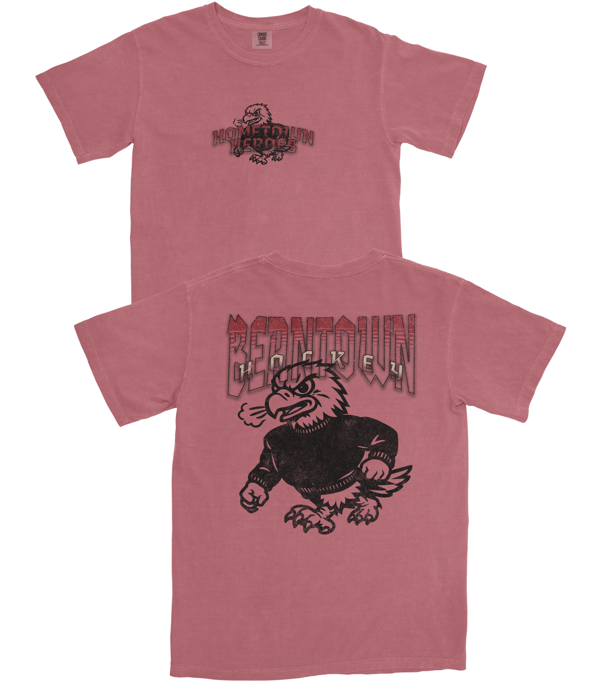 Two red t-shirts with graphic designs and text on a white background