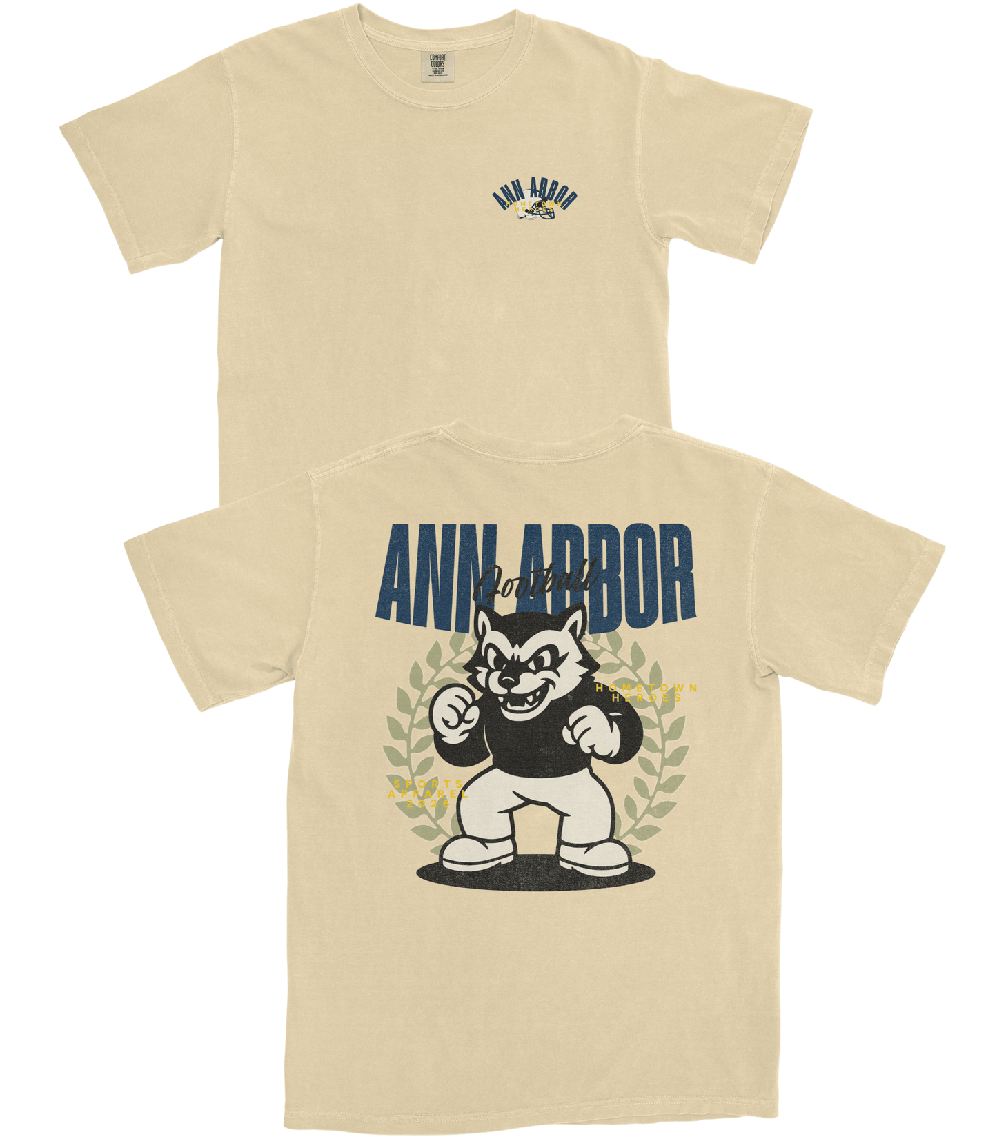 Beige t-shirt with 'Ann Arbor' graphic design on a white background
