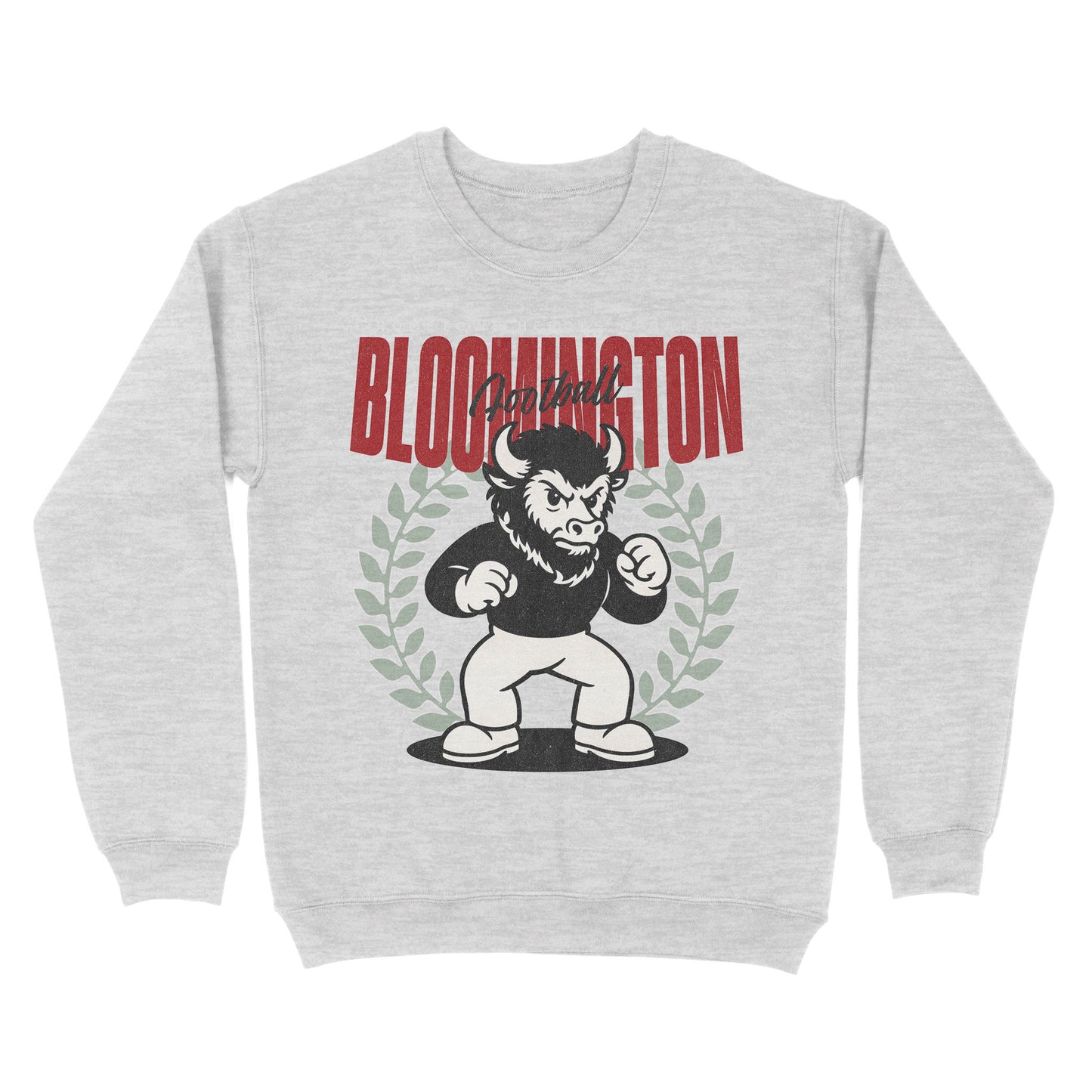 Gray sweatshirt with a graphic of a bull and 'Bloomington' text on a white background