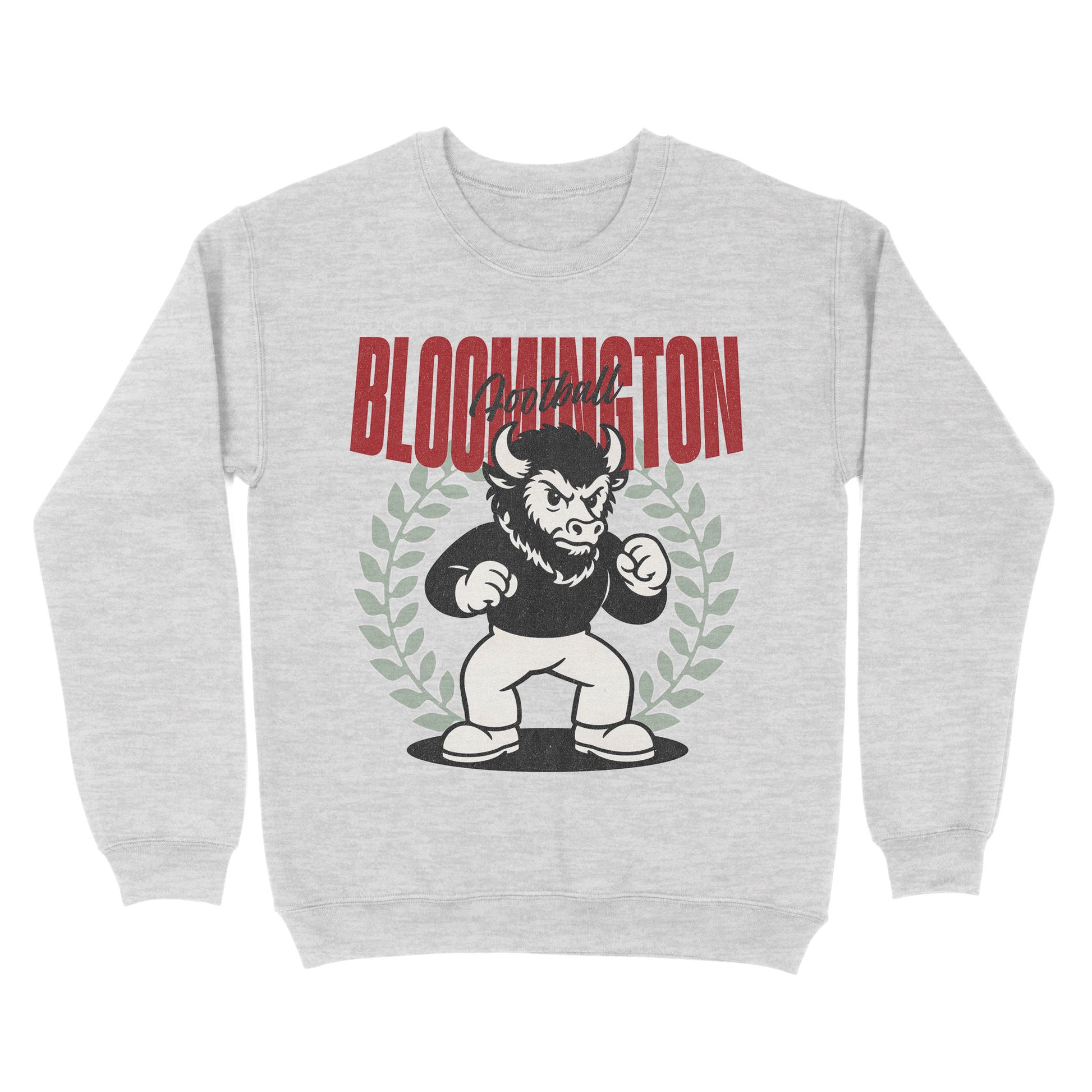 Gray sweatshirt with a graphic of a bull and 'Bloomington' text on a white background