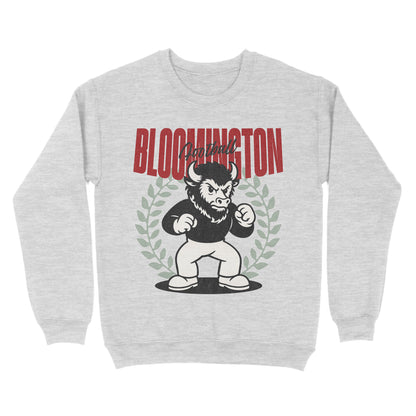 Gray sweatshirt with a graphic of a bull and 'Bloomington' text on a white background