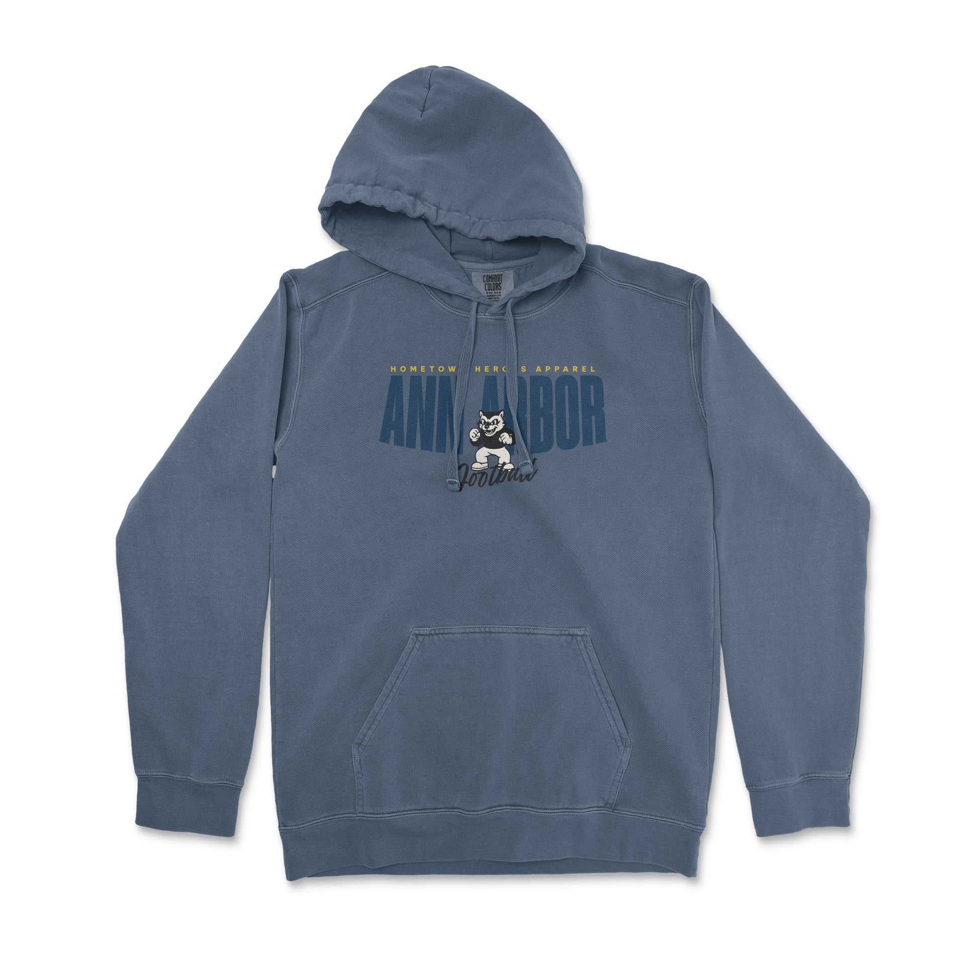 Blue hoodie with graphic design on a white background