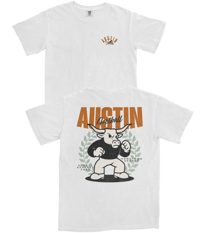 White t-shirt with a graphic design of a bull and text on a white background