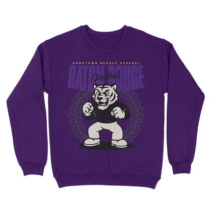 Purple sweatshirt with a graphic of a tiger and text on a white background