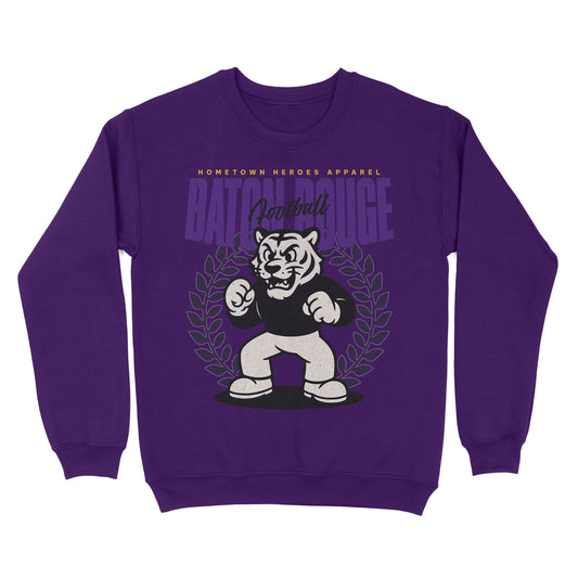 Purple sweatshirt with a graphic of a tiger and text on a white background