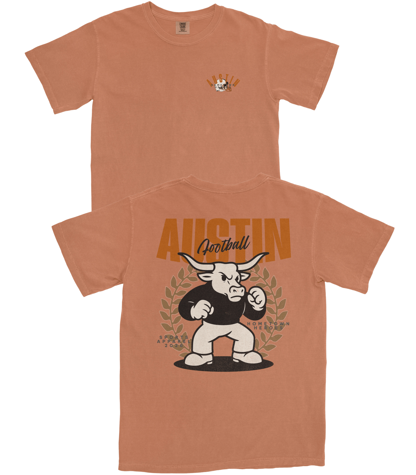 Brown t-shirt with a graphic of a bull and 'Austin Football' text on a white background