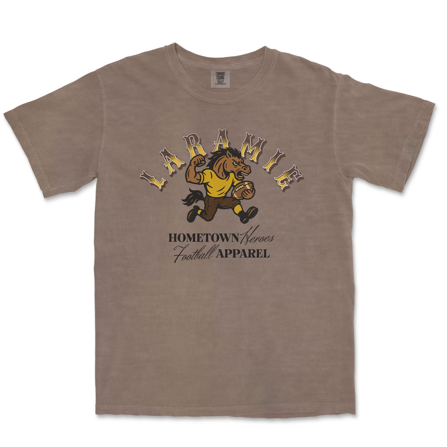 Brown t-shirt with a graphic of a horse and text on a white background