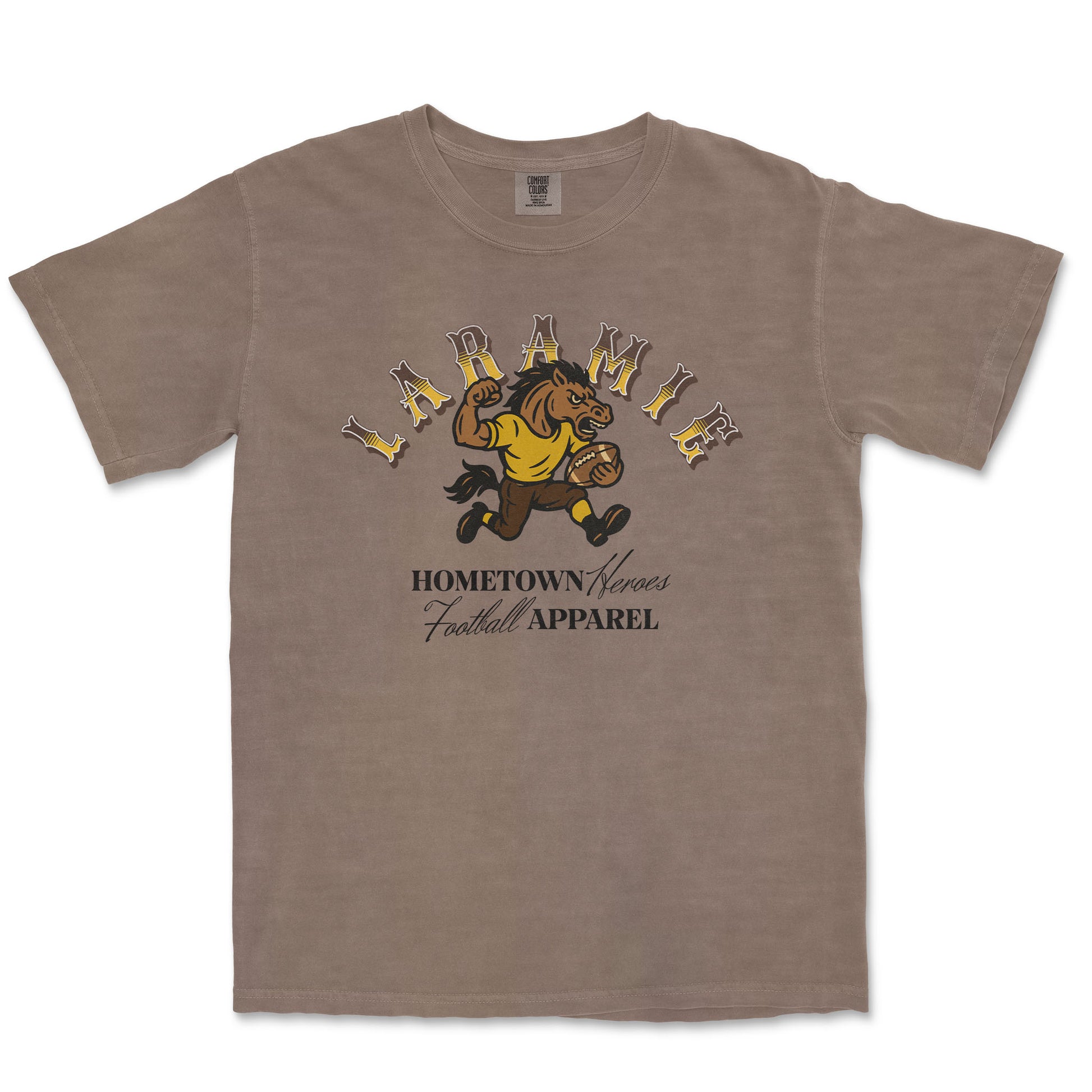 Brown t-shirt with a graphic of a horse and text on a white background