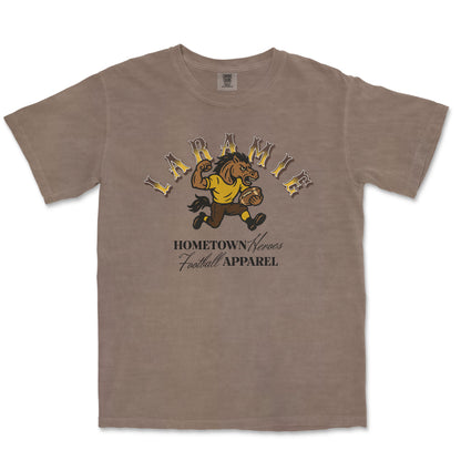 Brown t-shirt with a graphic of a horse and text on a white background