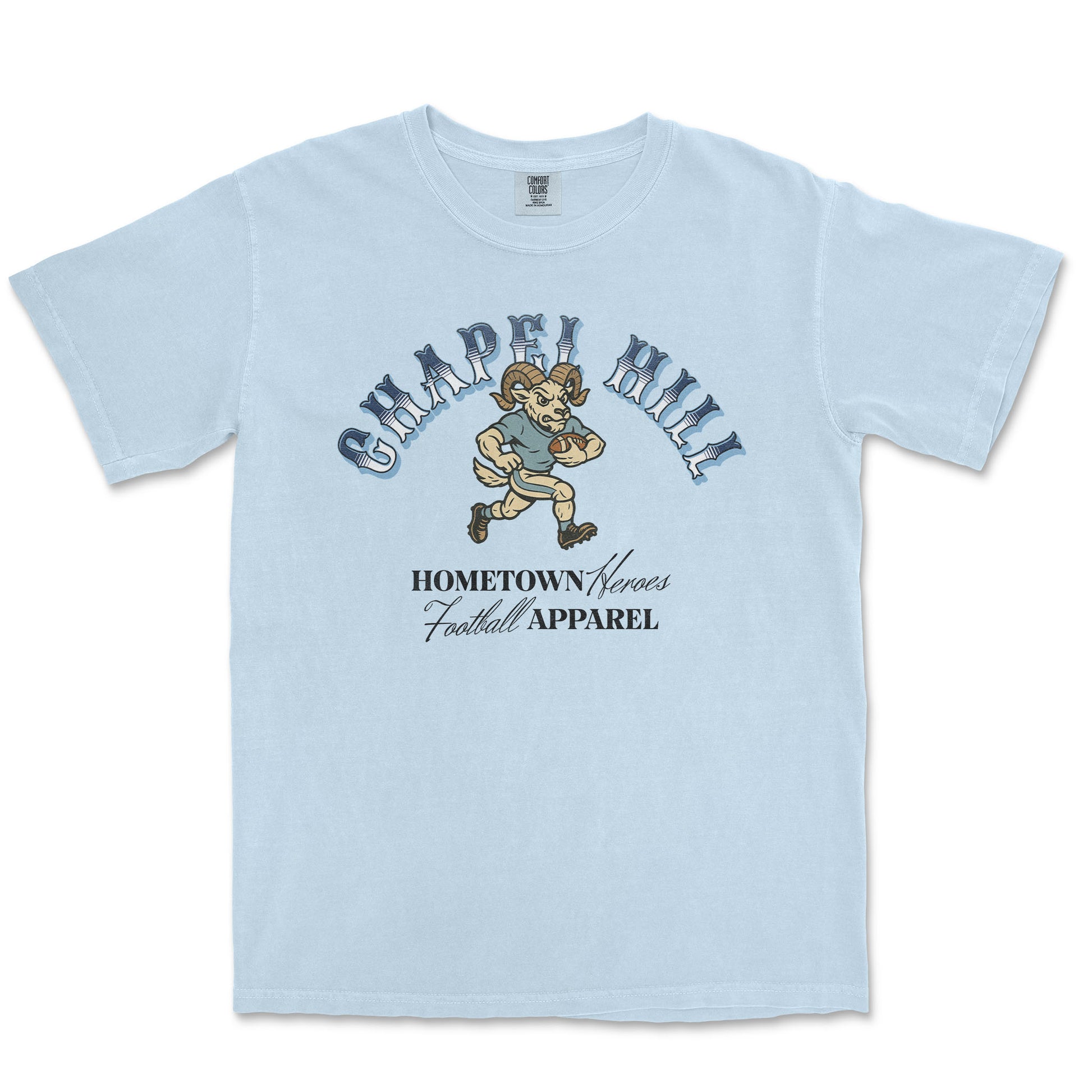 Light blue t-shirt with 'Chapel Hill' and football-themed graphic on a white background