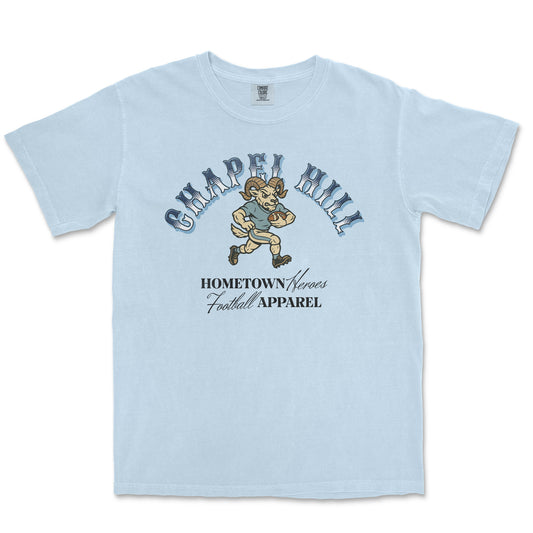 Light blue t-shirt with 'Chapel Hill' and football-themed graphic on a white background