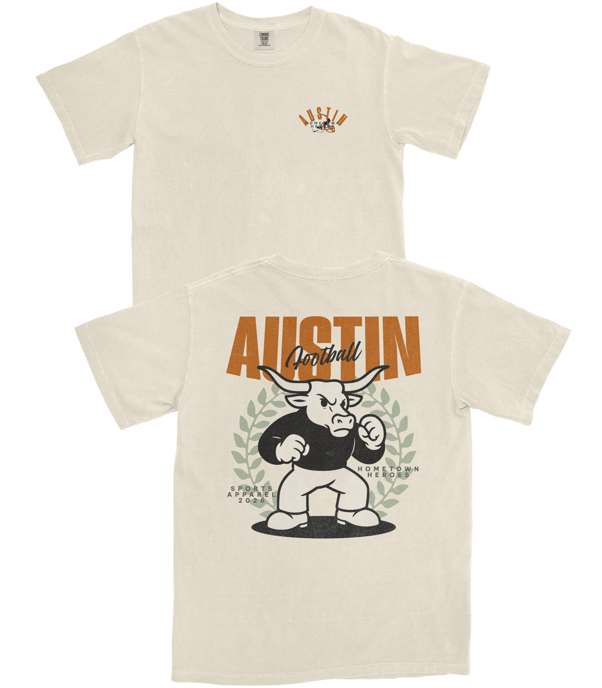 Beige t-shirt with a graphic design of a bull and text on a white background