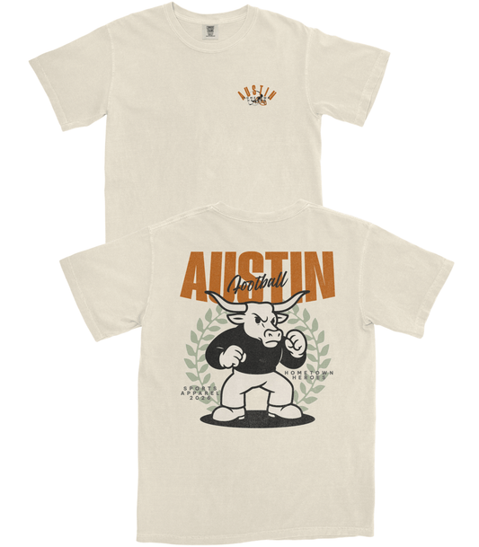 Beige t-shirt with a graphic design of a bull and text on a white background
