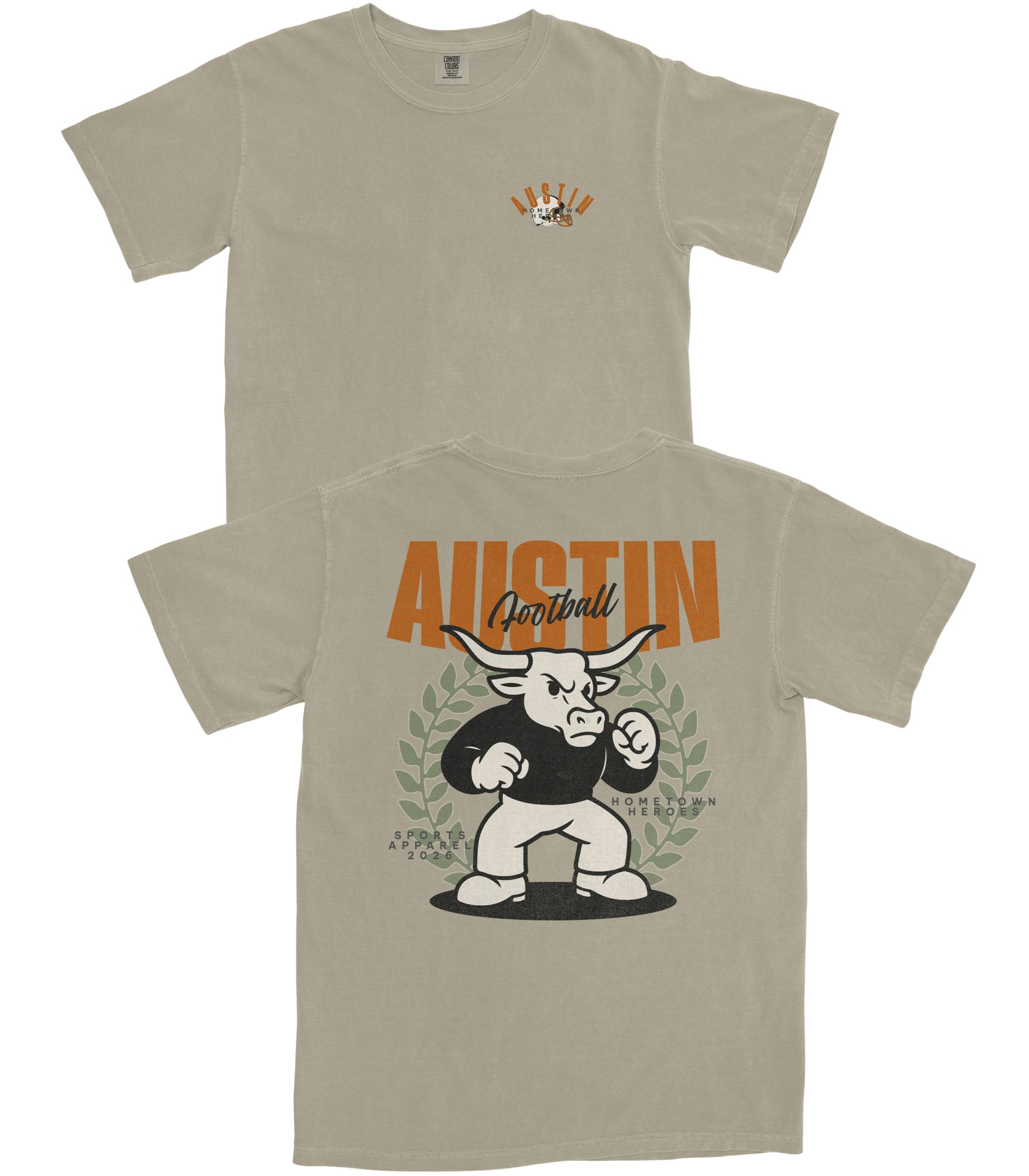Beige t-shirt with a graphic design of a bull and text on a white background