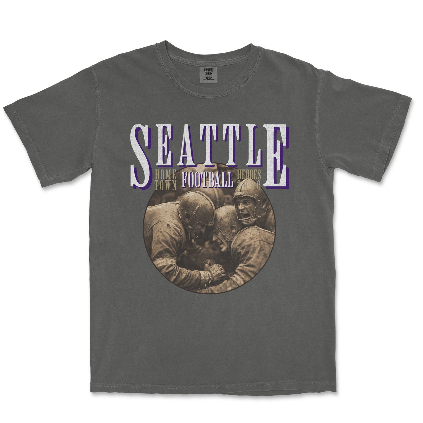 Gray t-shirt with 'Seattle' and football graphic on a white background