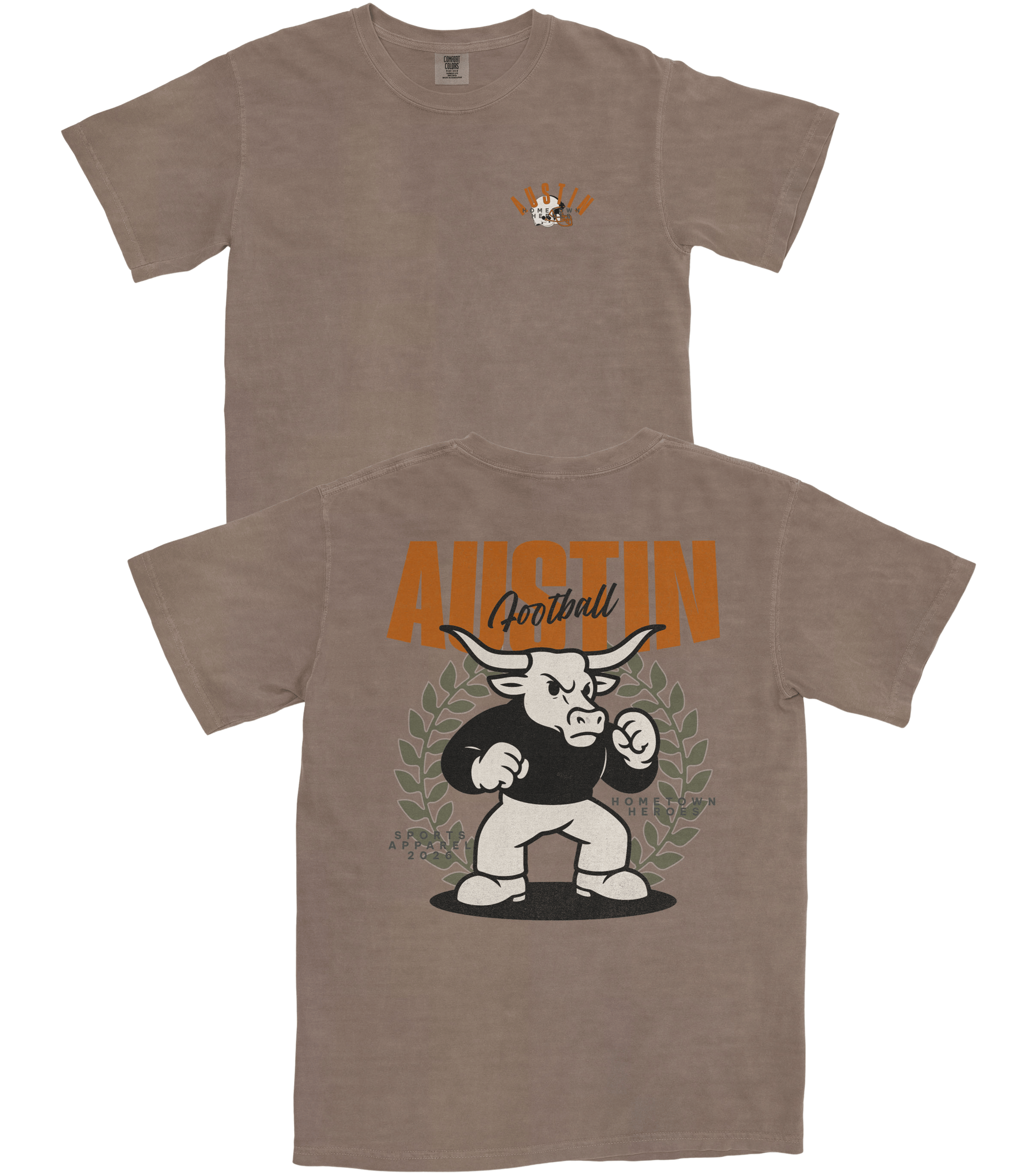 Brown t-shirt with a graphic design of a bull and text on a white background