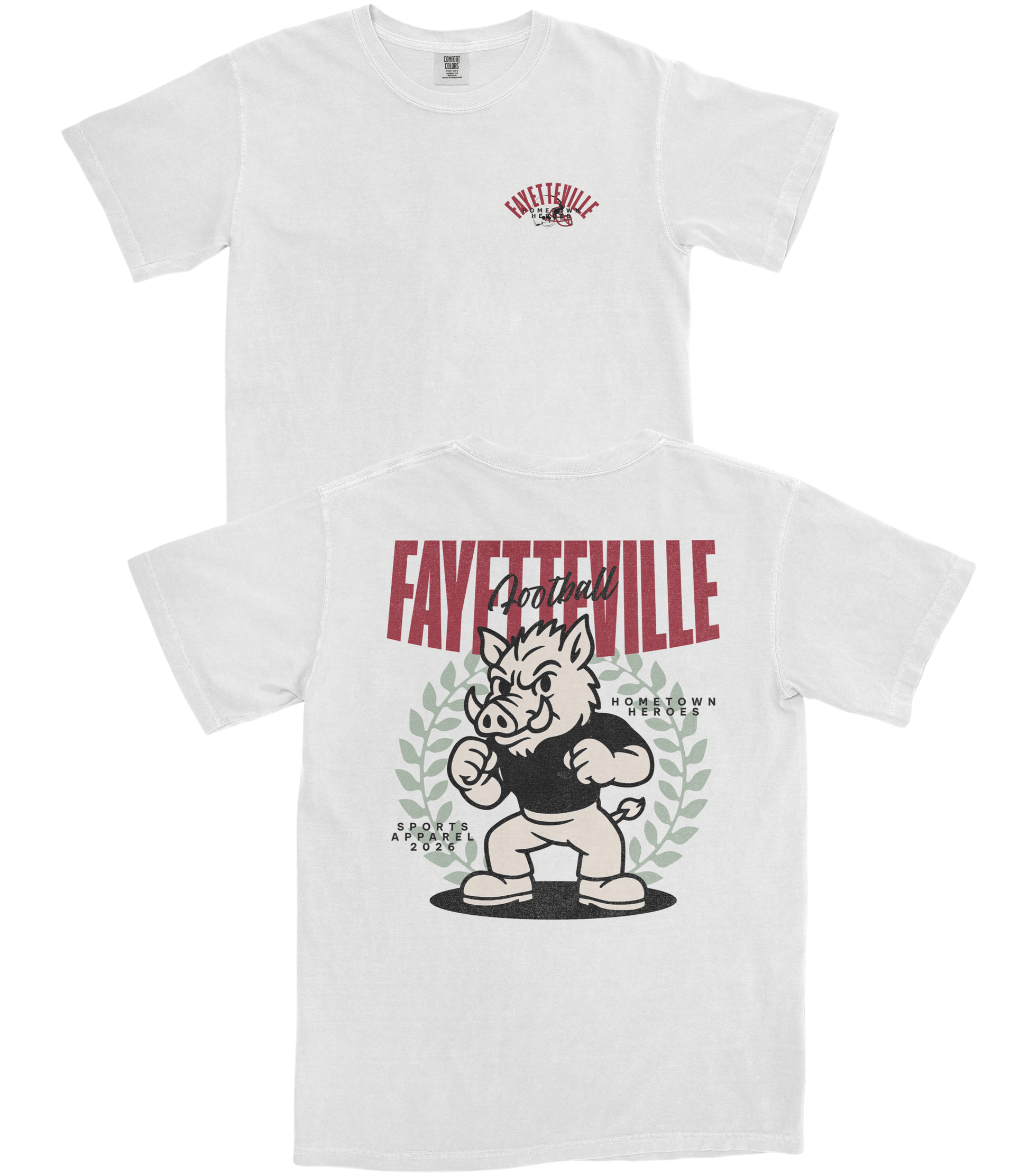 Two white t-shirts with graphic designs on a white background