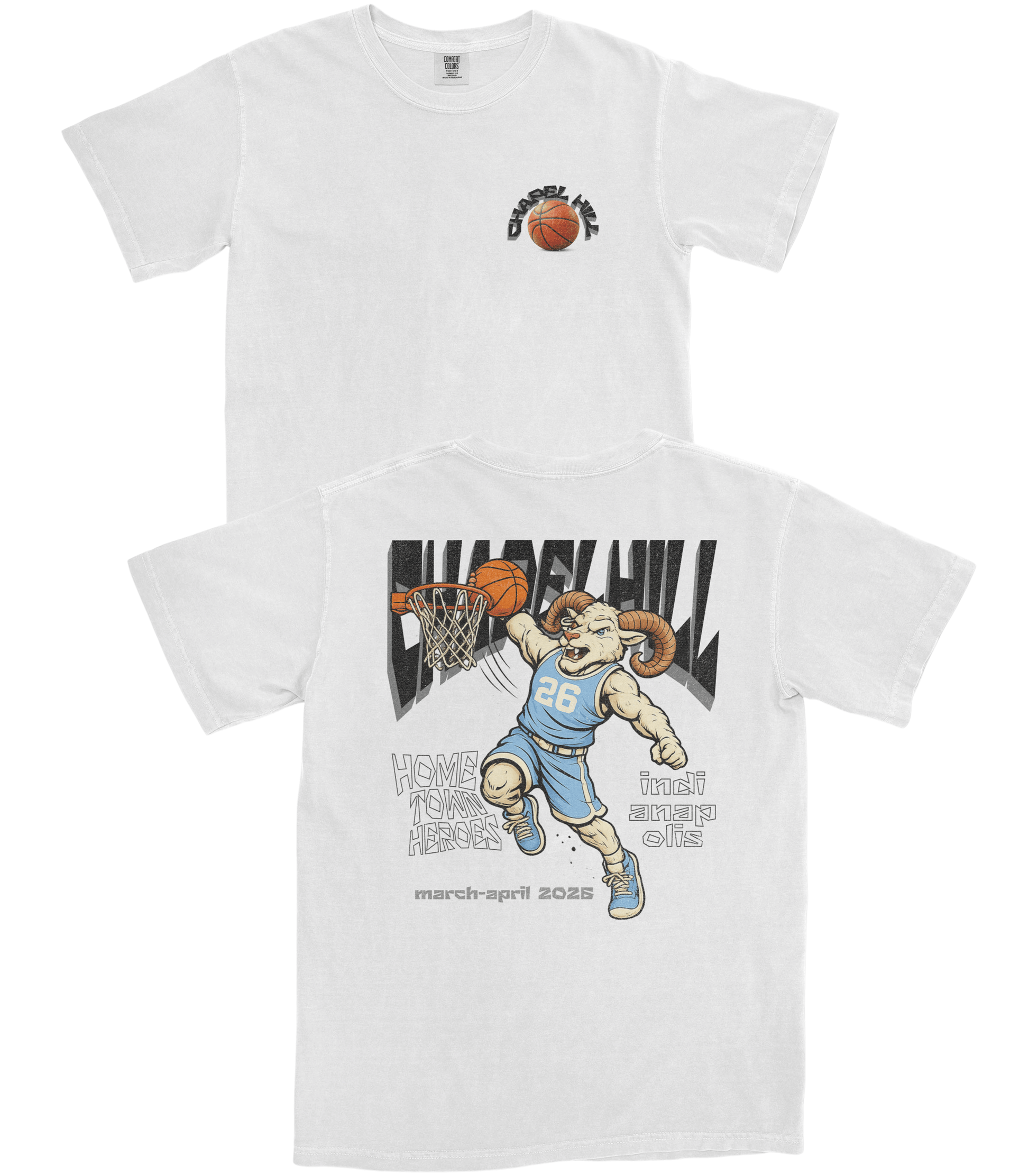 White t-shirt with a graphic of a basketball player and hoop on a white background