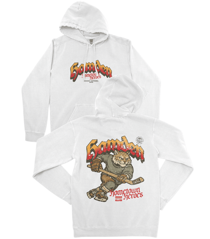 White hoodie with graphic design and text on a white background